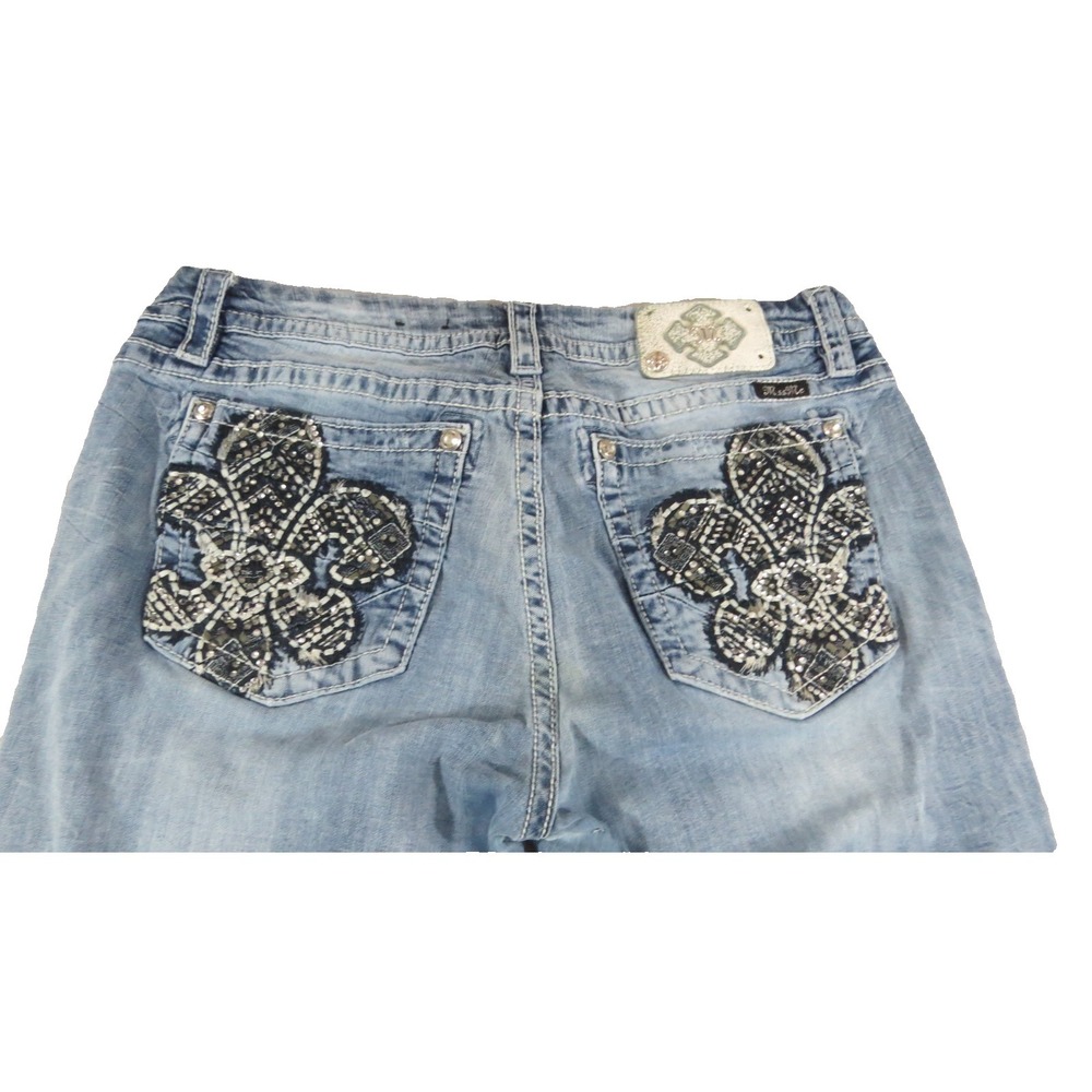 Y2K Miss Me Mid Rise Easy Crop Blue Jean Women 34 Fleur De Lis Embellished Denim